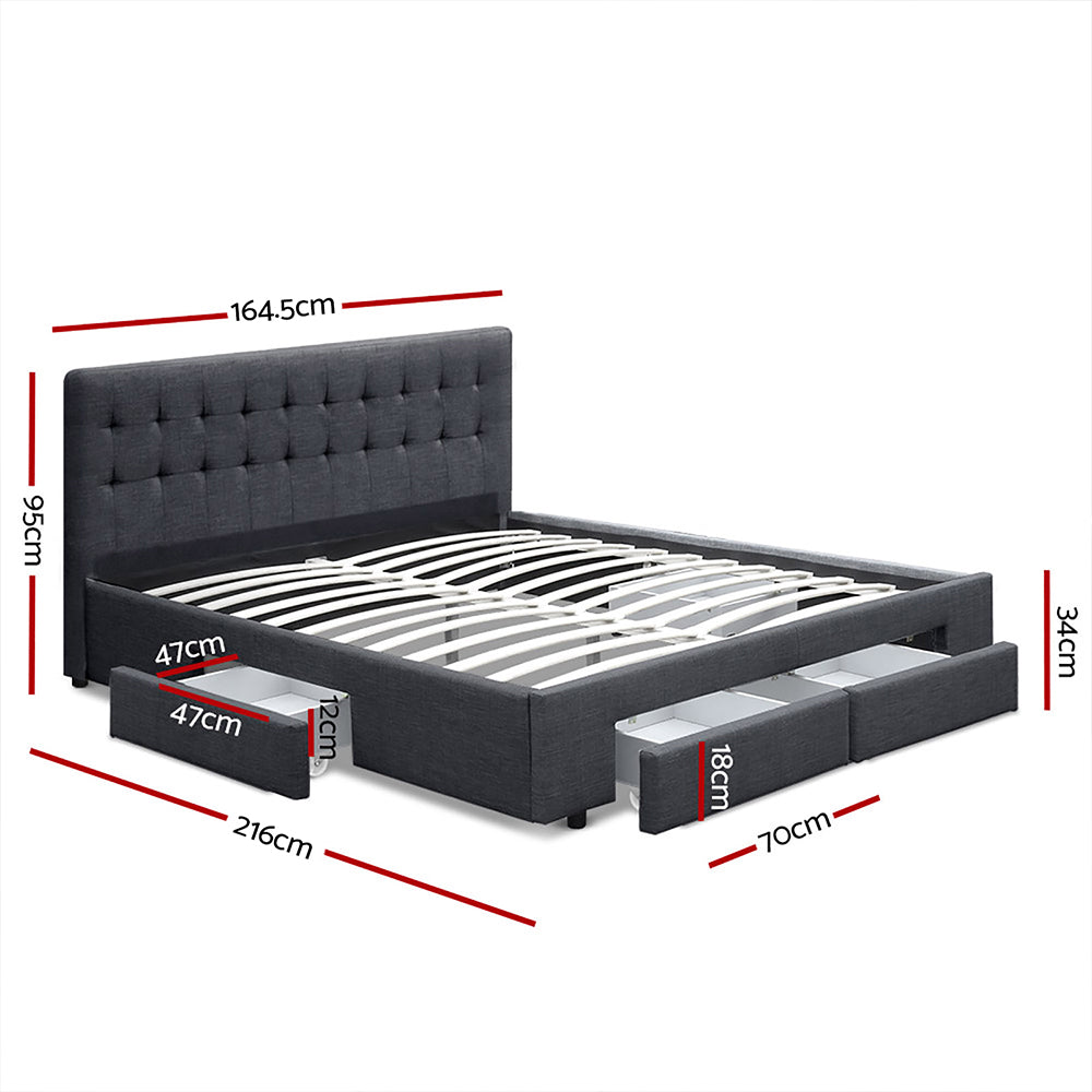 Renoir Queen Bed Frame Fabric Storage Drawers - Charcoal