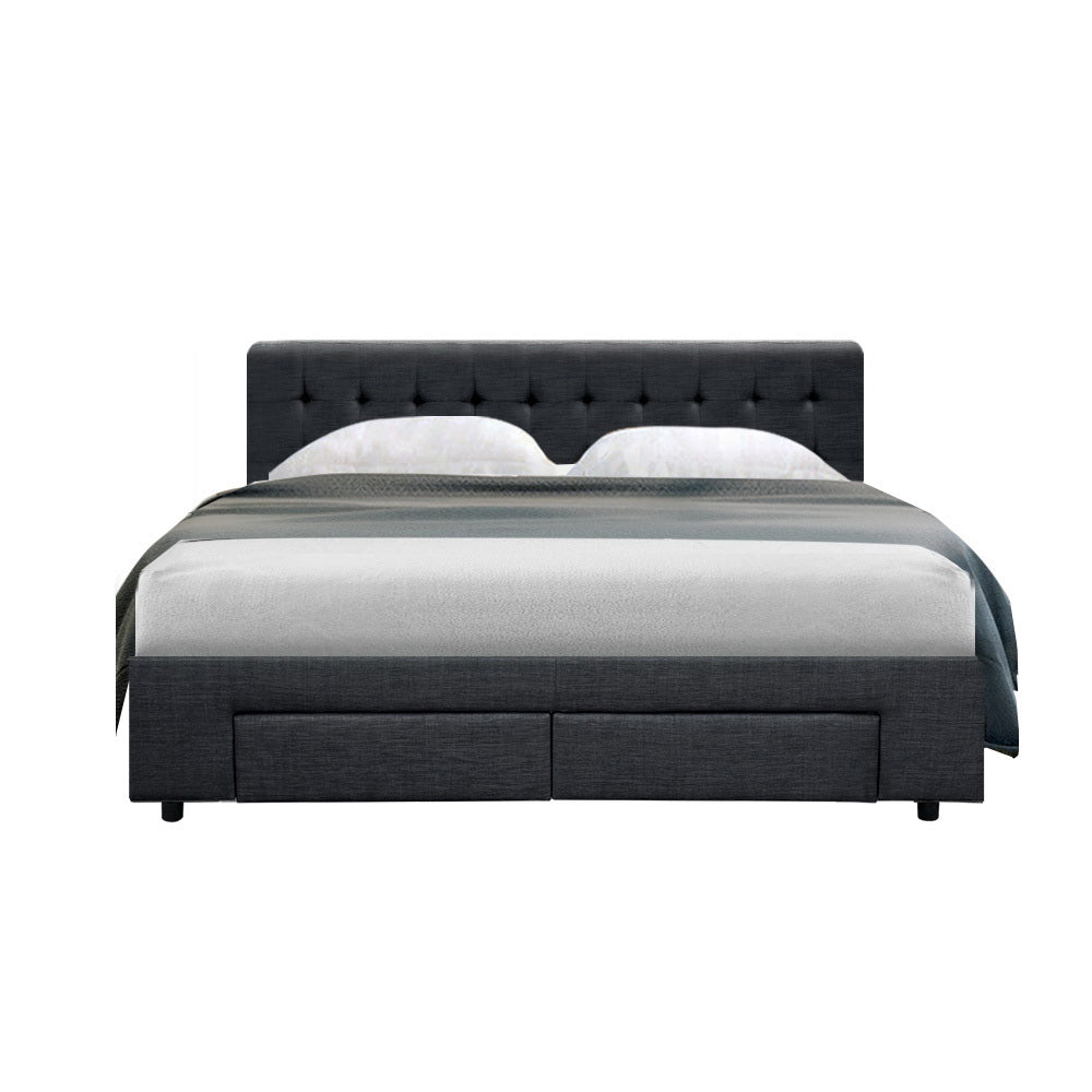 Renoir Queen Bed Frame Fabric Storage Drawers - Charcoal