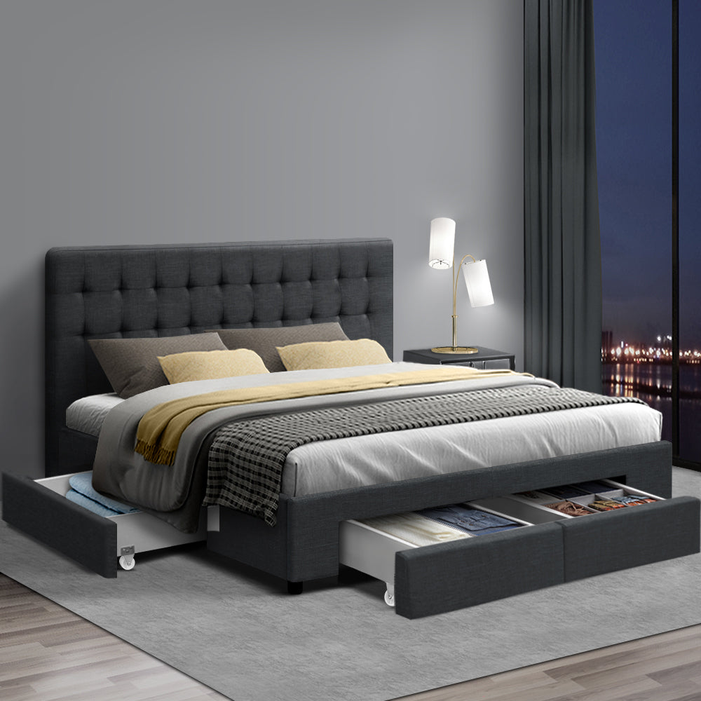 Renoir Queen Bed Frame Fabric Storage Drawers - Charcoal