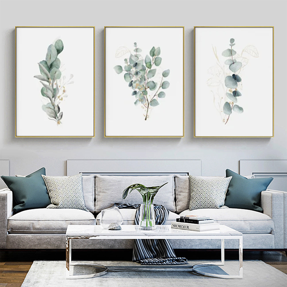 Eucalyptus Plant 3 Sets Gold Frame Canvas Wall Art 40cm x 60cm