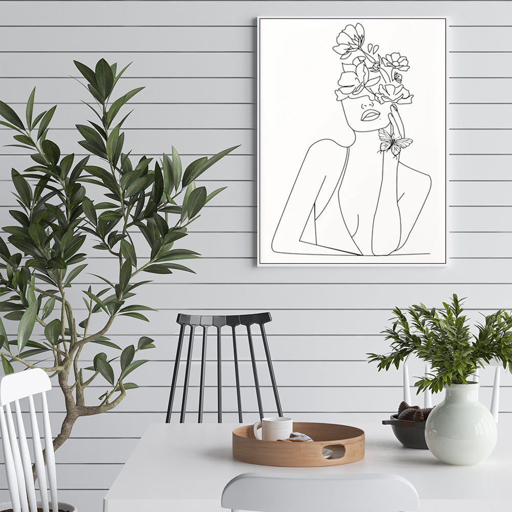 Line Art Girl White Frame Canvas Wall Art 50cmx70cm
