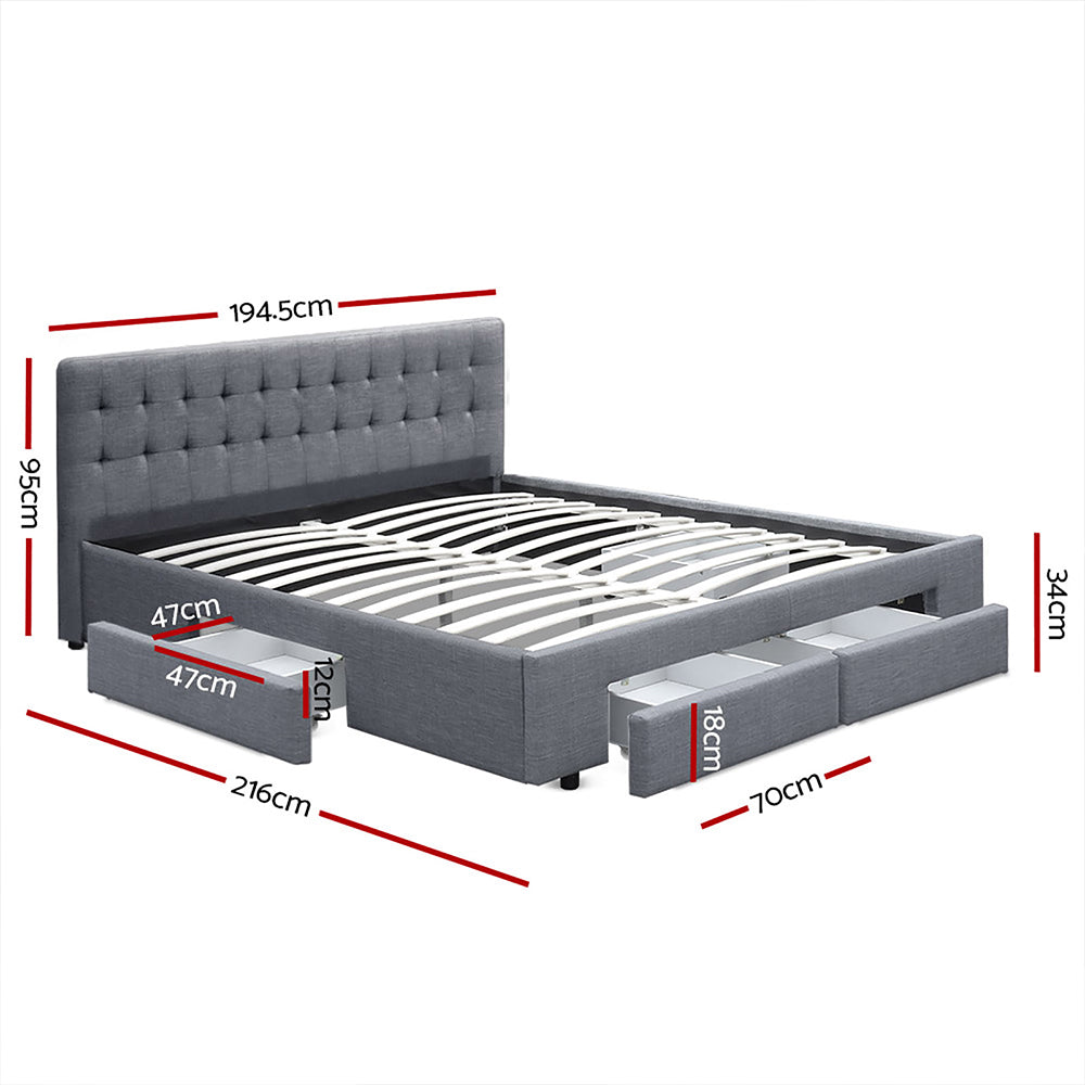 Renoir King Bed Frame Fabric Storage Drawers - Grey