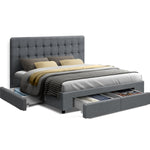 Renoir Queen Bed Frame Fabric Storage Drawers - Grey