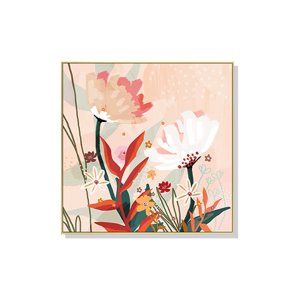 Native Floral Gold Frame Canvas Wall Art 70cmx70cm