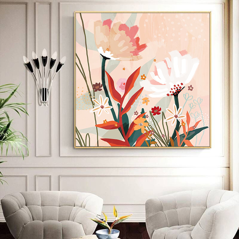 Native Floral Gold Frame Canvas Wall Art 70cmx70cm