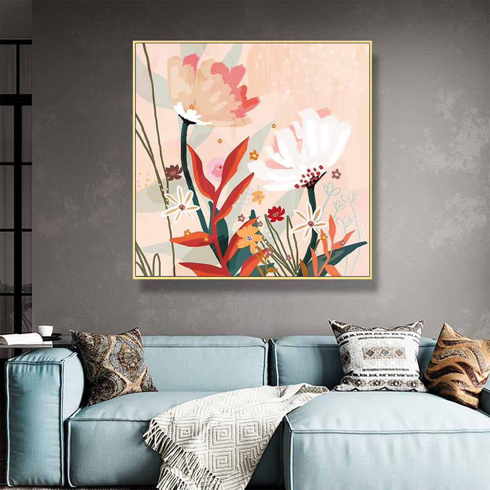 Native Floral Gold Frame Canvas Wall Art 70cmx70cm